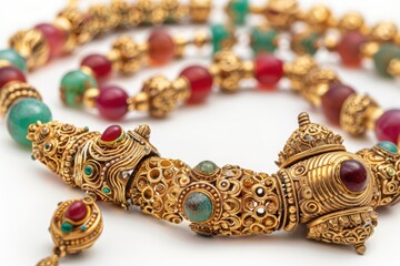 Ancient Thai jewelry set, close-up camera angle, on a white background.