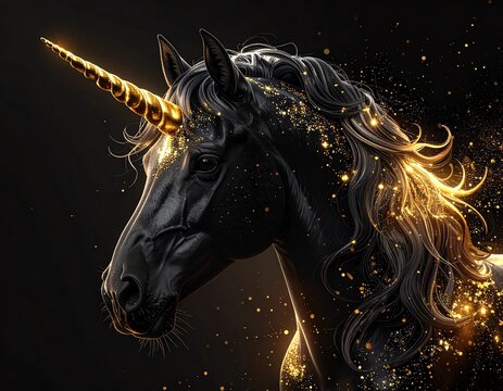 schwarzes Einhorn mit goldenen Effekten vor einem schwarzen Hintergrund
