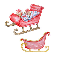 Watercolor Red sled set, Christmas illustration for holiday design.