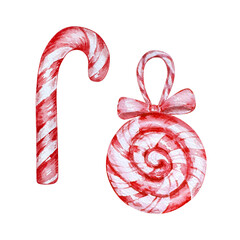 Watercolor Red candy set, Christmas illustration for holiday design.