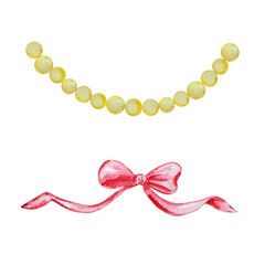 Watercolor Red bow and yellow garland set, Christmas illustration for holiday design.