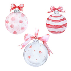 Watercolor Red Christmas ornaments set with red bow, illustration for holiday design.