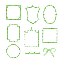 Green frame set of watercolor bamboo stems, border for the design and decoration of banners, invitations, and postcards.