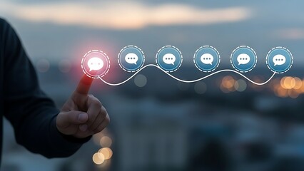 A person interacting with a futuristic digital interface with icons and a wavy line