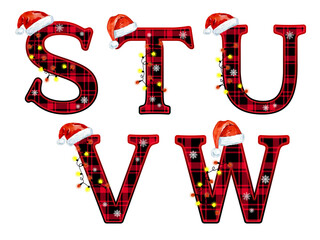 Red Plaid Christmas Alphabet with Santa Hat for holiday design.