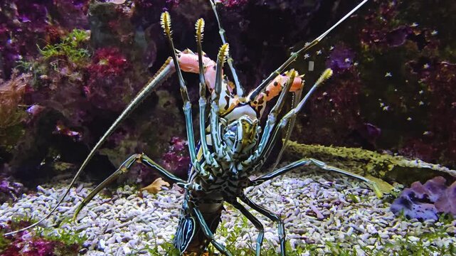 Close up of a colorful lobster standing up and moving around his legs on ther sea ground underwater
