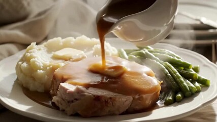 Delicious pork chop with mashed potatoes and green beans being drizzled with savory gravy