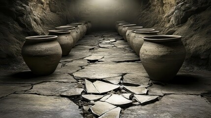 Rows of identical ancient ceramic vases are shattered into jagged pieces on a cracked stone floor in a dark underground setting
