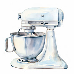 Watercolor white mixer, hand drawn illustrations, isolated, bakery design, homemade baking