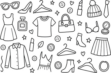 Obraz premium Black and White Fashion Doodle Icons with Women Clothing Accessories Shoes and Beauty Items