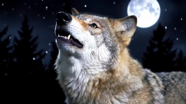 Close-up of a wolf in a forest at night under moonlight with trees and stars.