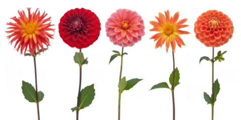 Five colorful dahlias flowers isolated isolated on a transparent background
