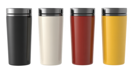 Four colorful tumblers cups isolated isolated on a transparent background