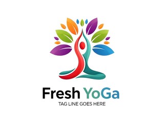 Vibrant yoga logo with colorful leaves and tree design