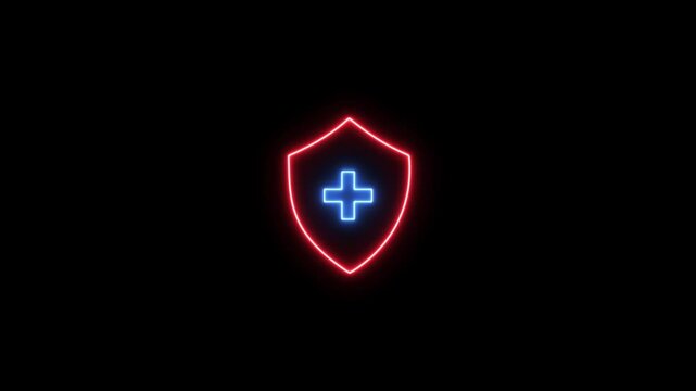 Neon line Shield icon, Animated icon on transparent background, alpha channel included. 4k shield with a medical cross or plus icon. Represents health.4k video