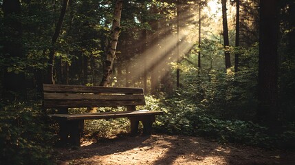 Wooden park bench rests on dirt path bathed in dramatic sun rays filtering through dense woodland