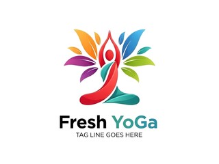 Vibrant yoga logo with colorful leaves and serene pose