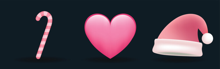 Pink color Christmas Santa hat, candy cane and heart icon on dark background
