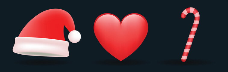 Red color heart, candy cane and snowman hat vector emoji illustration