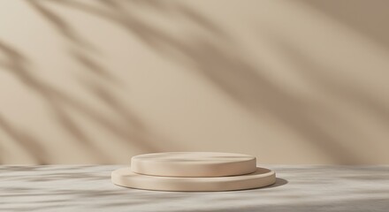 Beige Wall with Soft Leaf Shadows on Textured Cement Floor, Minimalist Background