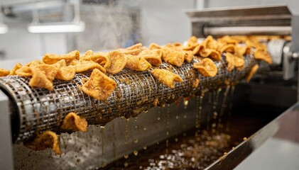 Medium shot of snack products moving on a mesh belt conveyor as they cool and excess surface oil drains efficiently under factory lighting.