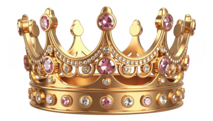 Gold crown with pink and white gems isolated on a transparent background