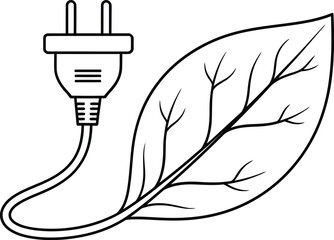 Green energy concept featuring an electric plug connected to a single leaf outline