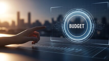 A person interacting with a futuristic budgeting interface on a laptop with a cityscape background at sunset