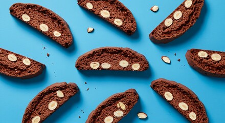 Chocolate Biscotti with Almond Pieces on Blue Background, Elegant Flat Lay