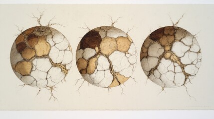 Three cracked orbs, abstract landscape texture with branching root-like forms
