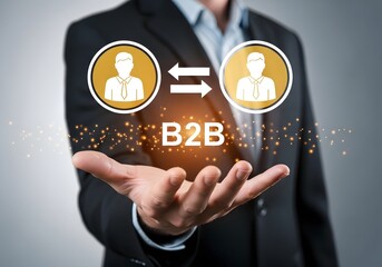 Businessman holding b to b symbol with two people icons and arrows in his open hand