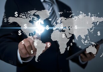 Businessman in suit touching digital world map with dollar signs and tablet in hand