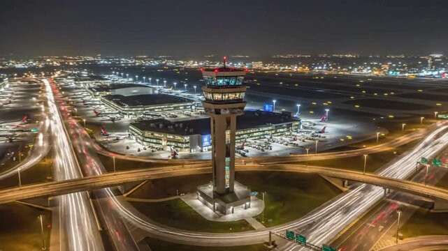 Aerial view of airport control tower at night with busy highways