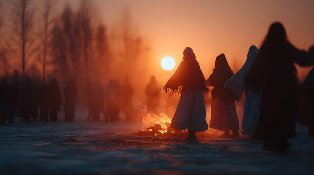 Woman dancing around fire ritual during winter solstice. Pagan celebration with women in traditional clothes. Ceremony for spirituality concept.