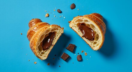Chocolate Croissant Halves on Blue Background, Rich Filling Visible, Bakery Style