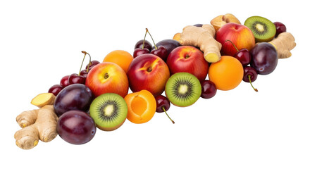 Assorted fresh fruits and ginger arranged in a line