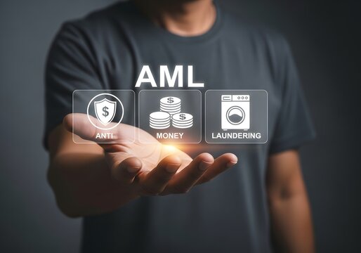 Man holding anti money laundering icons in his hand representing financial compliance concept