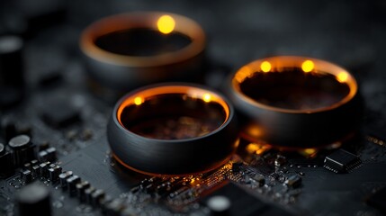 Three dark rings with orange glow hover over a blurred circuit board