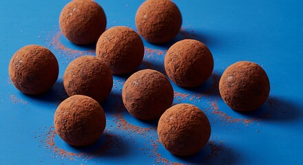 Chocolate Truffle Balls Dusted with Cocoa on Blue Background, Elegant Dessert