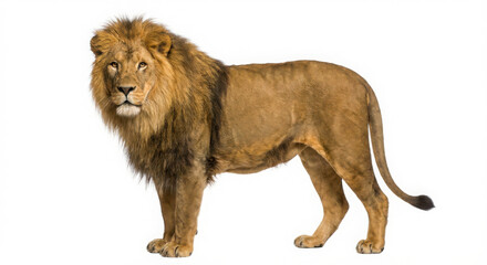 Obraz premium Full length male African lion with mane standing isolated on white background