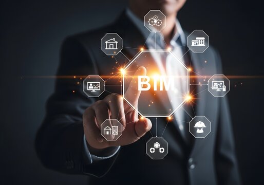 Man in suit pointing at glowing btm octagon surrounded by various business related icons