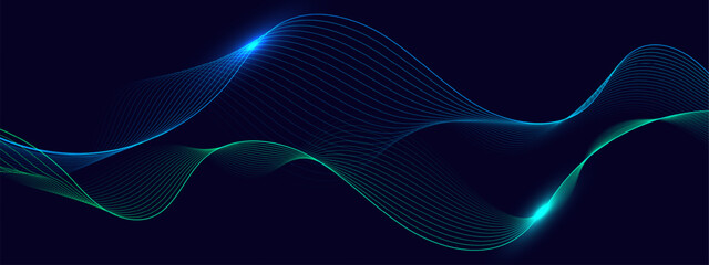 Glowing blue and green wave line on dark technology background.