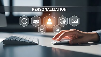 Personalization technology concept with hand on computer mouse and icons