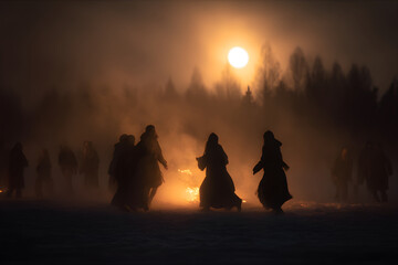 Obraz premium People dancing around pagan fire ritual during the winter solstice celebration at night. Ancient tradition for holiday and cultural event.