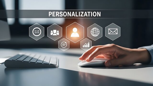 Personalization technology concept with hand on computer mouse and icons - Powered by Adobe