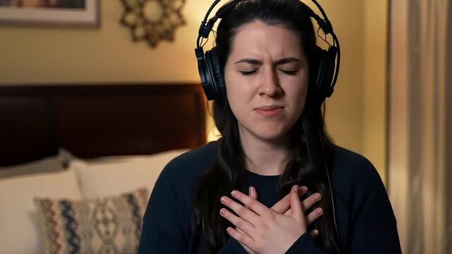 A person is immersed in sound, feeling music or podcast, eyes closed. The scene creates a sense of deep listening, relaxation, and emotional connection. The headphones amplify the experience