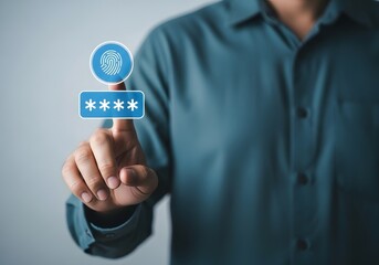 Man using fingerprint and password for security on a digital interface with his finger