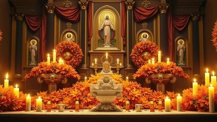 An ornate church altar decorated with orange flowers and candles for All Saints' Day. A solemn Christian celebration of worship and remembrance. Slow zoom animation