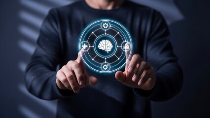 A person interacting with a futuristic blue circular interface with glowing lines and symbols on a dark background with shadows