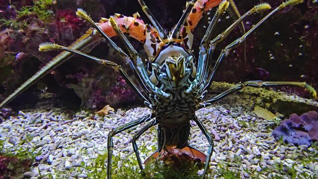 Close up of a colorful lobster standing up and moving around his legs on ther sea ground underwater